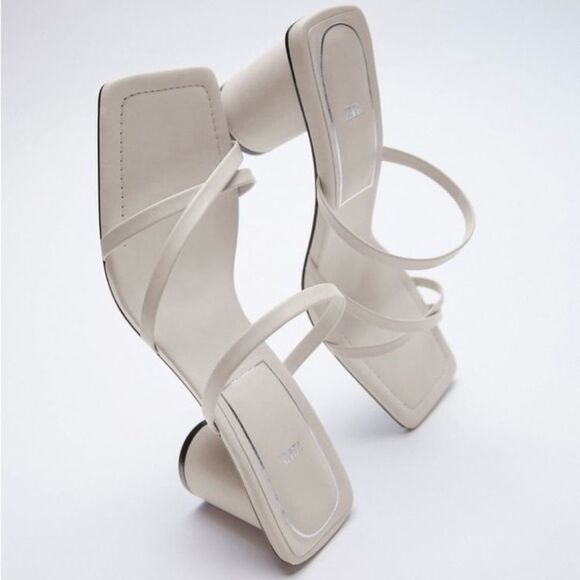 Zara neutral off white square toe round heel strappy sandals women’s shoe size 9 - Picture 2 of 12